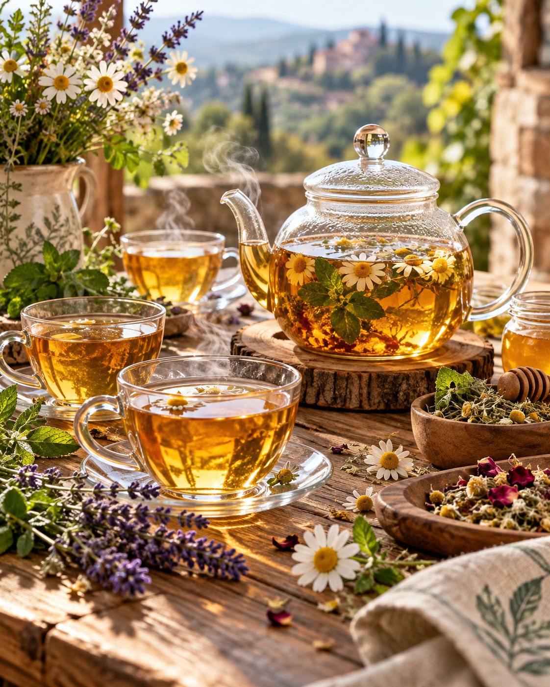 Xícaras e bule de vidro com chá de ervas medicinais, camomila, hortelã e lavanda sobre a mesa